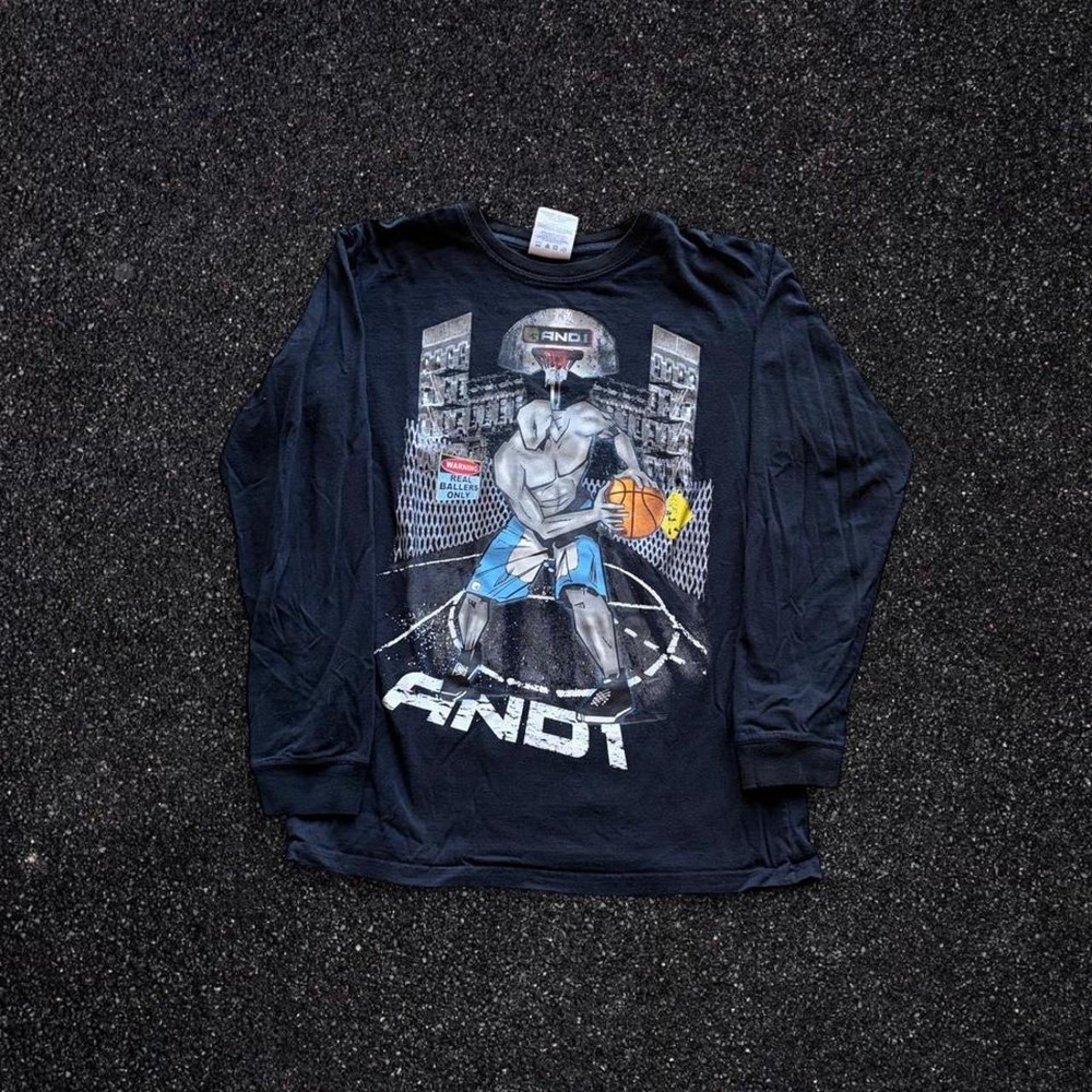 AND1 Mens Small Long Sleeve Graphic T-Shirt Black Real Ballers Only Basketball